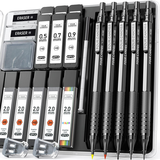 Four Candies Metal Mechanical Pencil Set, 3PCS Art Drafting Pencils 0.5, 0.7, 0.9MM & 2PCS 2MM