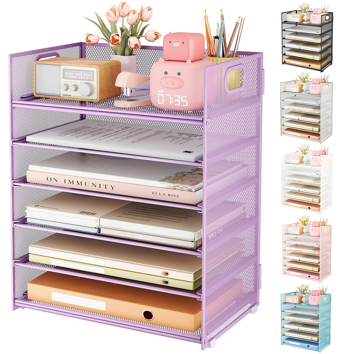 Subekyu 6 Tier Paper File Tray Organizer for Desk, Purple Mesh Desk Letter Paper File Folder