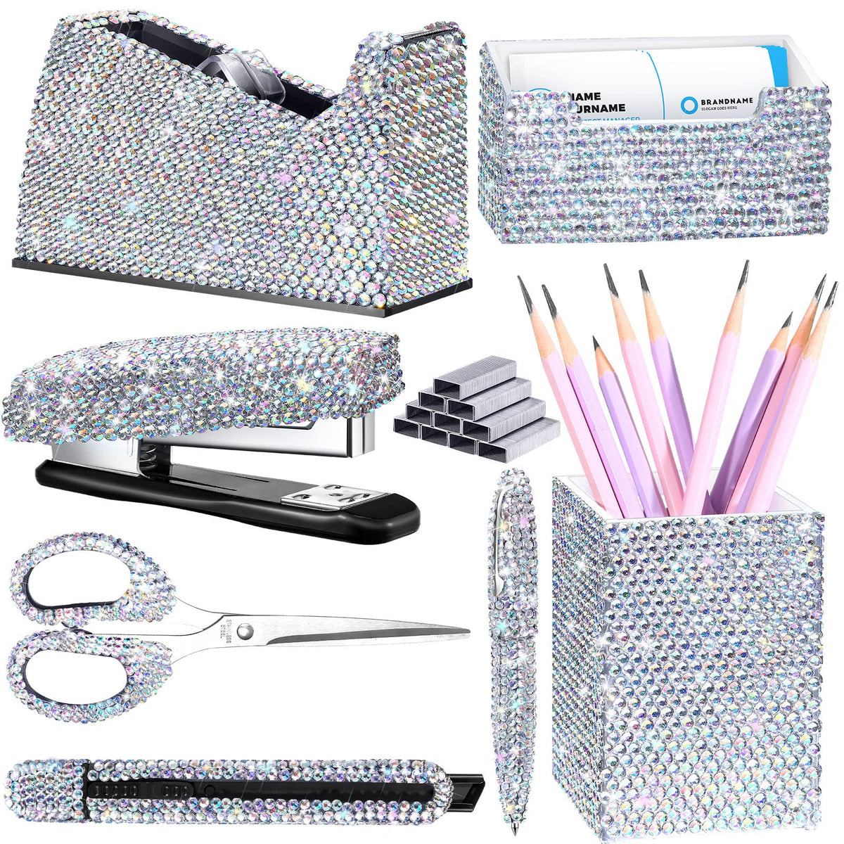 Demissle White 7 Pcs Bling Desk Accessories Set Office Kit for Women