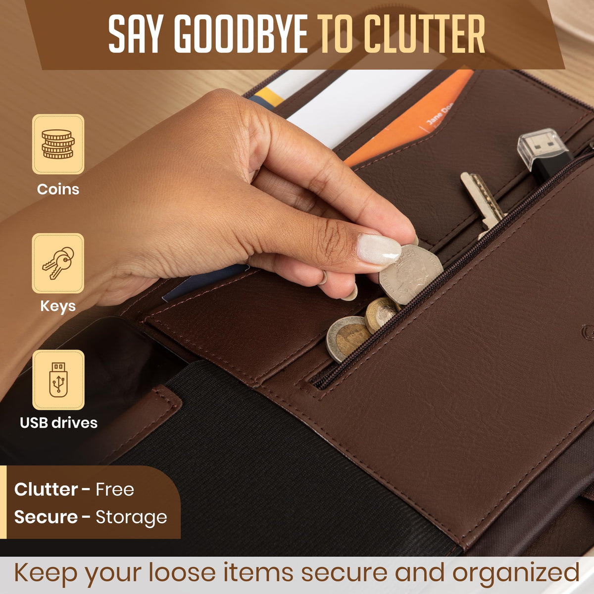 STYLIO Zipper Padfolio Portfolio Binder Organizer (Walnut Color) | Faux Leather Portfolio for