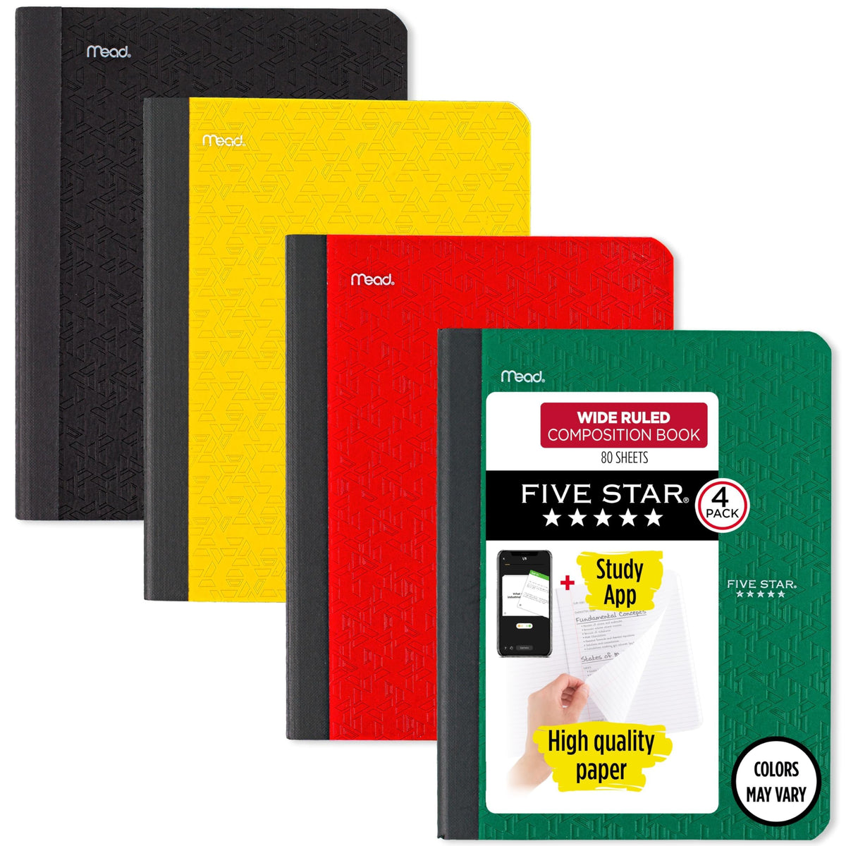 Five Star Composition Book + Study App, 4 Pack, Wide Ruled Paper, 7-1/2" x 9-3/4", 80 Sheets