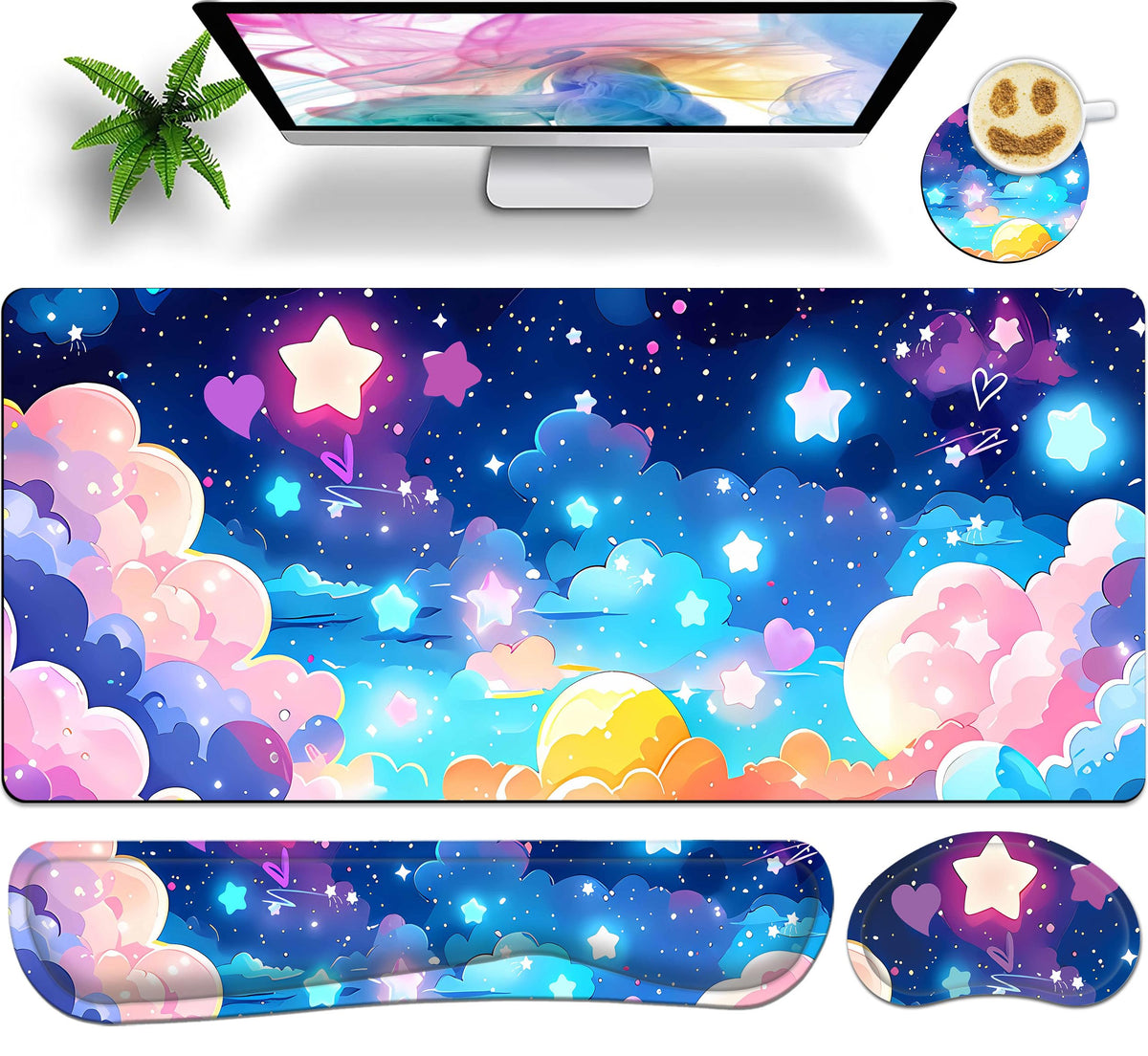 Large Mouse Pad Set 35.4 x 15.7 with Keyboard Wrist Rest, Wrist Support, and Coaster, Waterproof