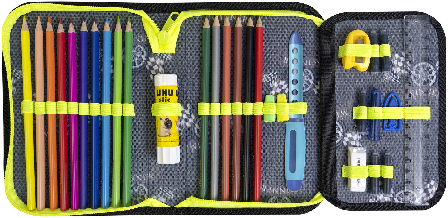 Eberhard Faber 577574 Race Car Case with Inner Flap and Zip, 32 Pieces Filled with Coloured, Ruler