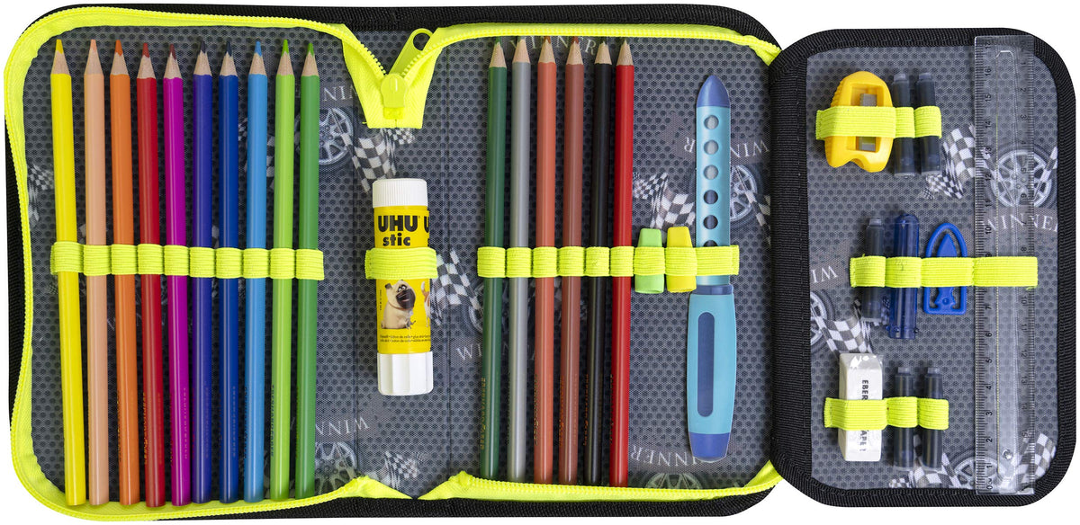 Eberhard Faber 577574 Race Car Case with Inner Flap and Zip, 32 Pieces Filled with Coloured, Ruler