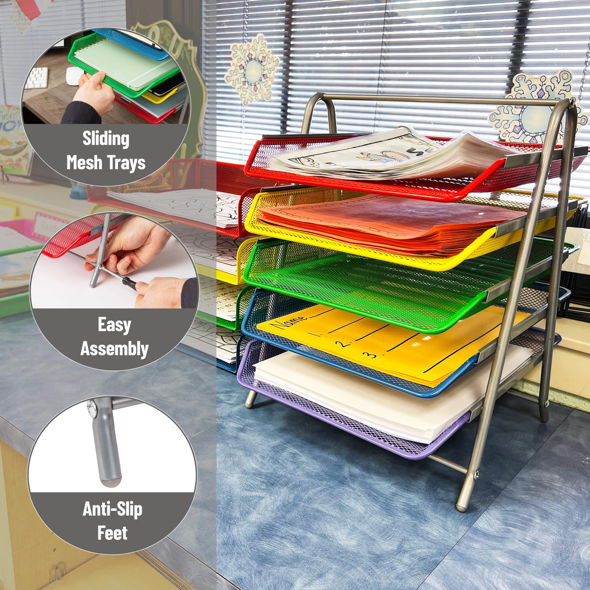 Mind Reader 5-Tier Paper Tray Organizer with Multicolor Trays, Classroom File Organizer for