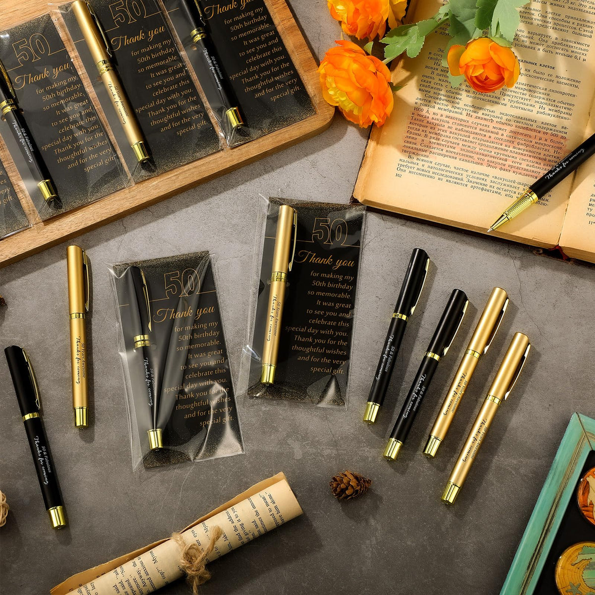 Feifeiya 30 Set 50th Birthday Favors with Black Gold Pens Cards