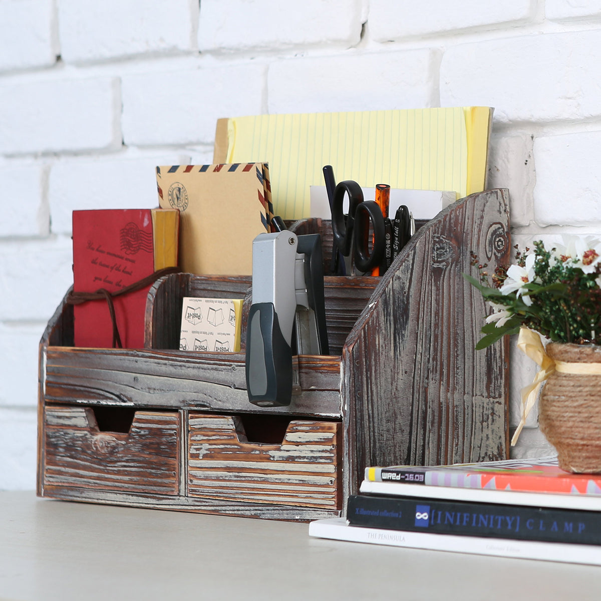 MyGift Office Supply Organizer with Drawers, Torched Wood Desktop Storage