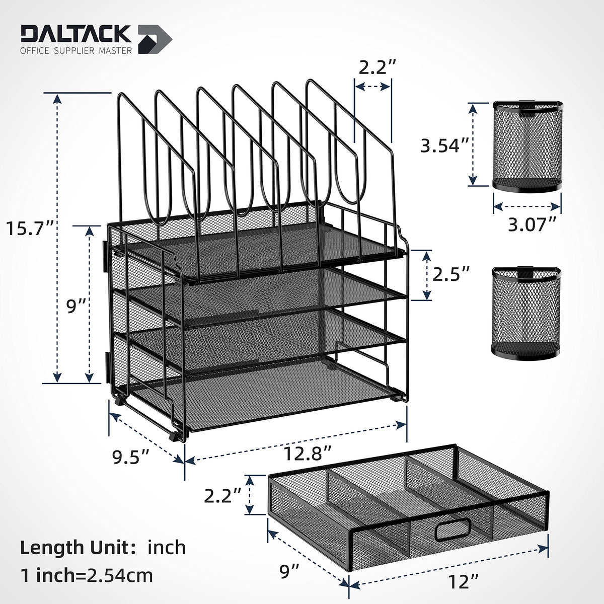 DALTACK 4-Tier Mesh Desk Organizer with Drawer, Desktop Organizer with 5 Vertical File Holders and