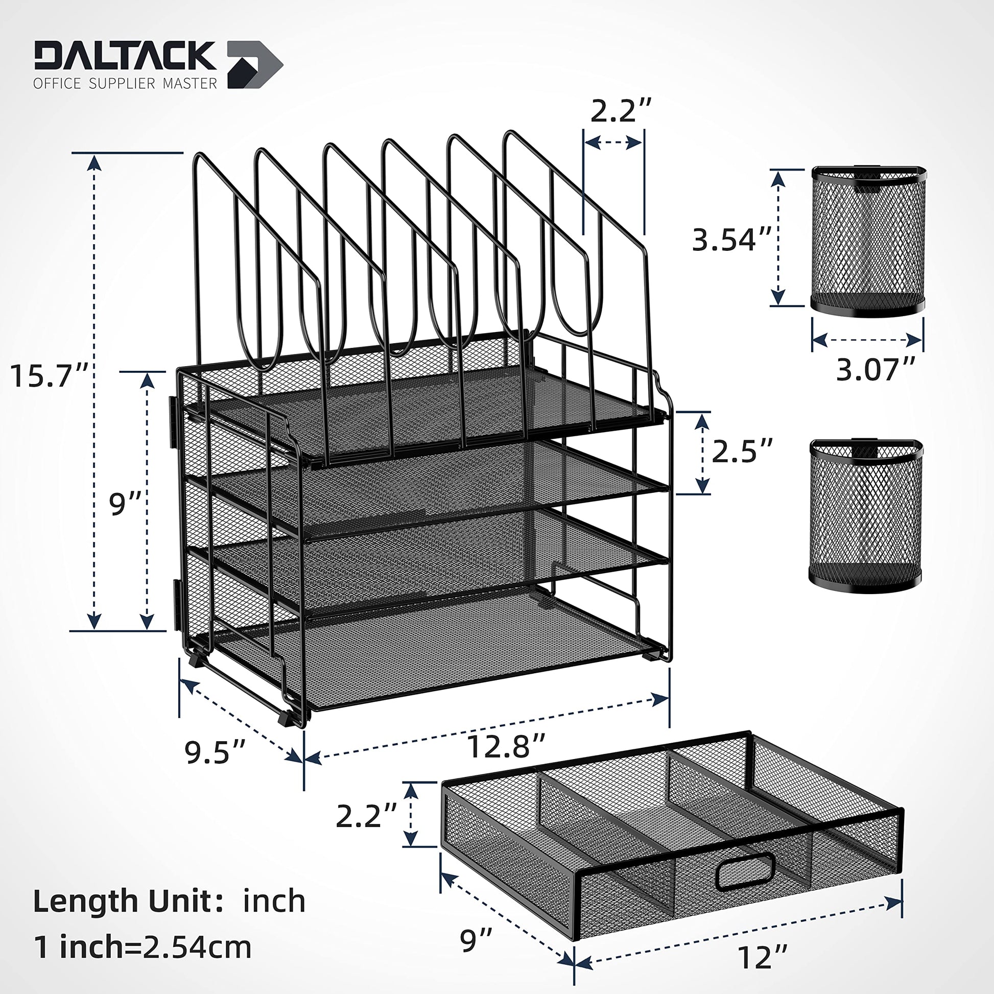 DALTACK 4-Tier Mesh Desk Organizer with Drawer, Desktop Organizer with 5 Vertical File Holders and