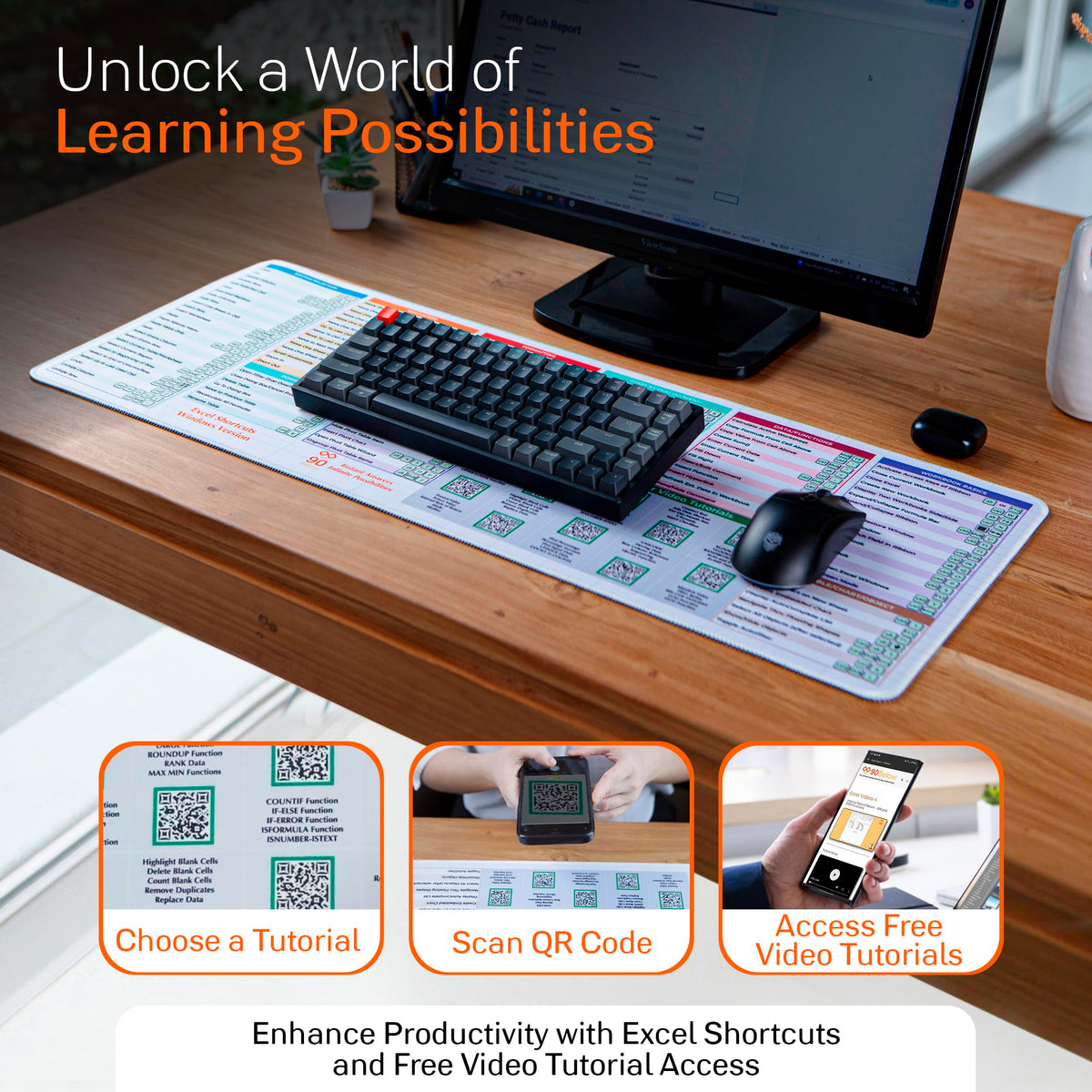 Excel Cheat Sheet Desk Pad - DeskGuide Pro Mouse Pad with 100+ QR Video Tutorials - Excel Shortcuts
