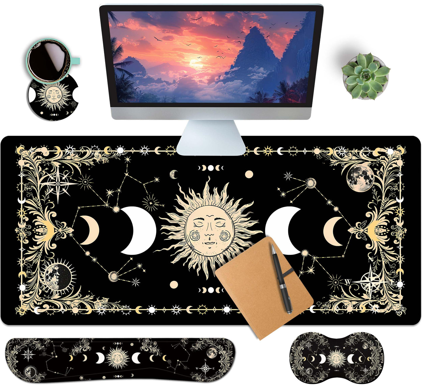 HaoSiTeck 4-Piece Extended Large Mouse Pad Set for Women Men with Moon Face Design Includes 35.4 x