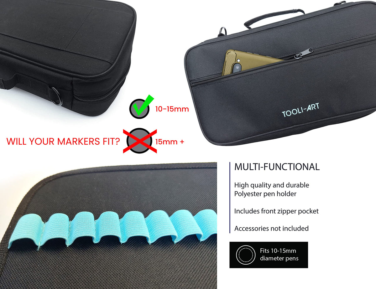 TOOLI-ART Marker & Pen Carrying Case -120 Slots, Canvas, Extra Pockets, Trolley Sleeve, Removable