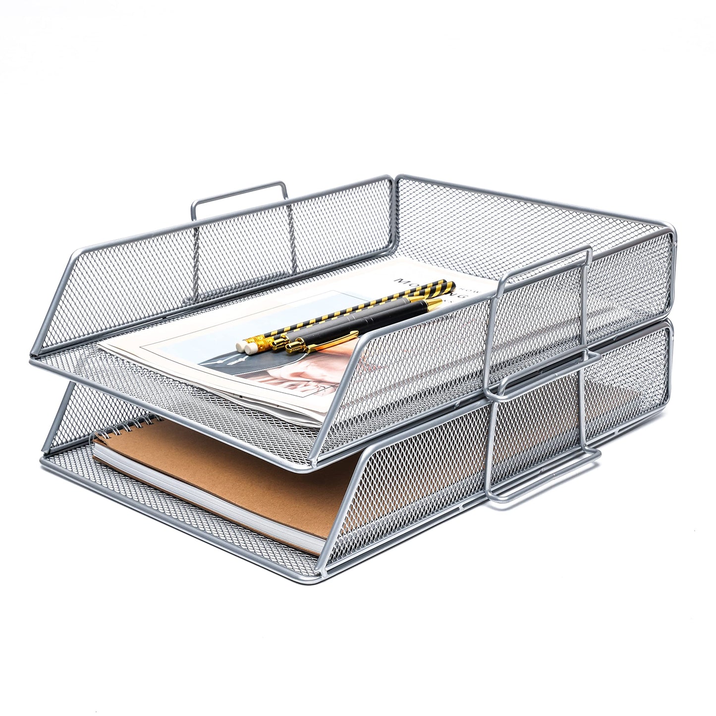 EXERZ Paper Sorter 2pcs Tier Stackable A4 Desk Organiser Letter Tray Silver