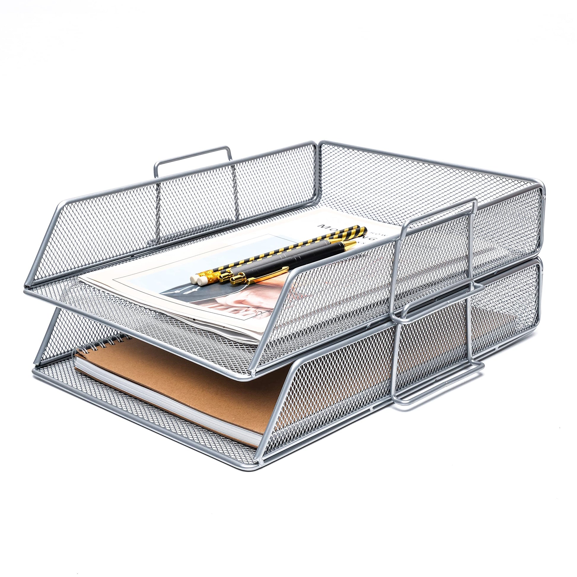 EXERZ Paper Sorter 2pcs Tier Stackable A4 Desk Organiser Letter Tray Silver