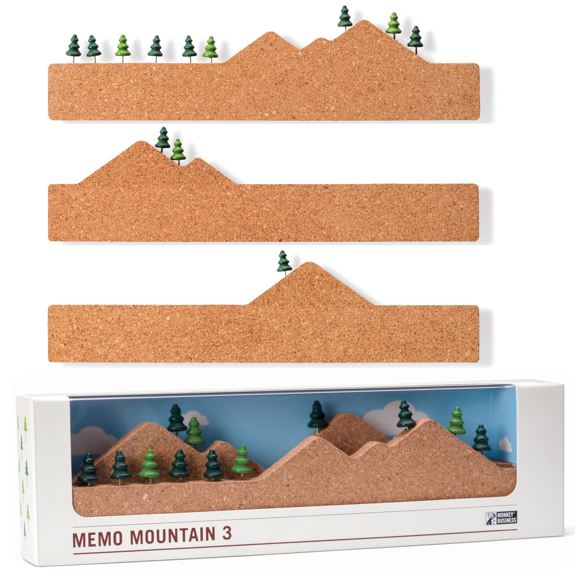 Monkey Business Memo Mountain 3 Cork Board Strips - Corkboard Pin Boards with Mountain Scene
