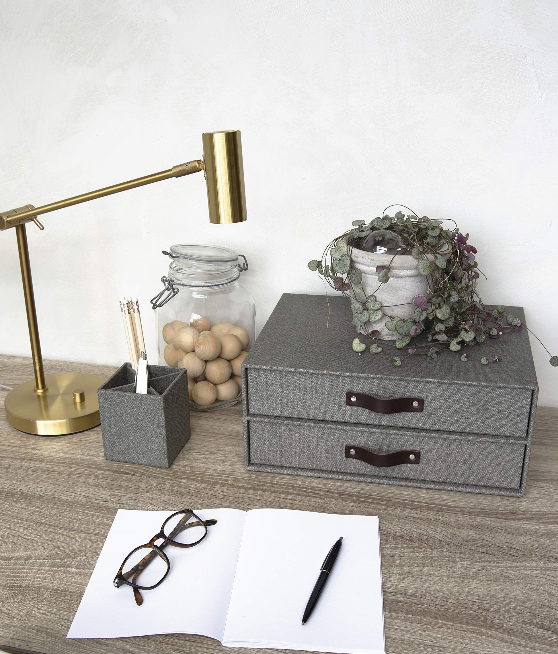 Bigso Birger 2-Drawer Canvas Fiberboard Easy Pull Handle Document Letter Box | Desktop Drawers for