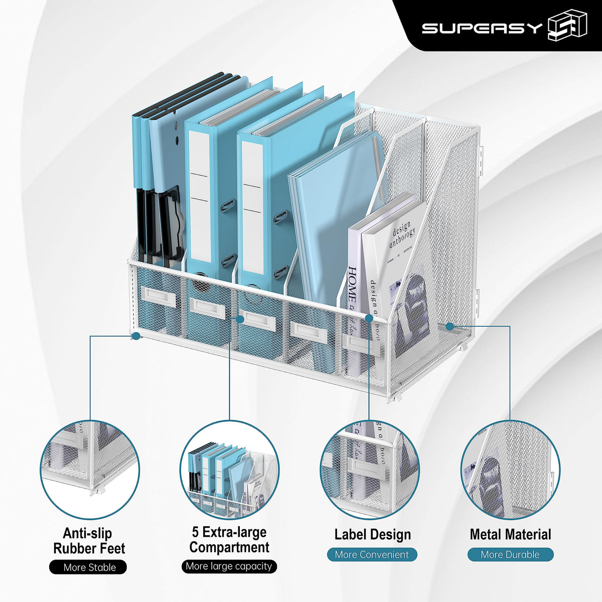 SUPEASY Desk Organizers Metal Desk Magazine File Holder with 5 Vertical Compartments Rack File