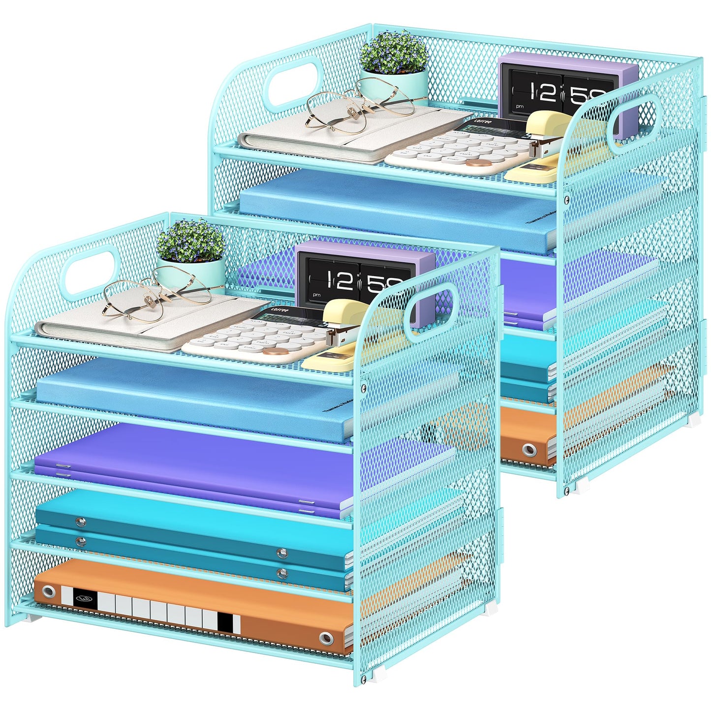 Cawukege 2 Pack 5 Tier Paper Organizer, Letter Tray with Handle, Mesh Desk Organizer, Metal File