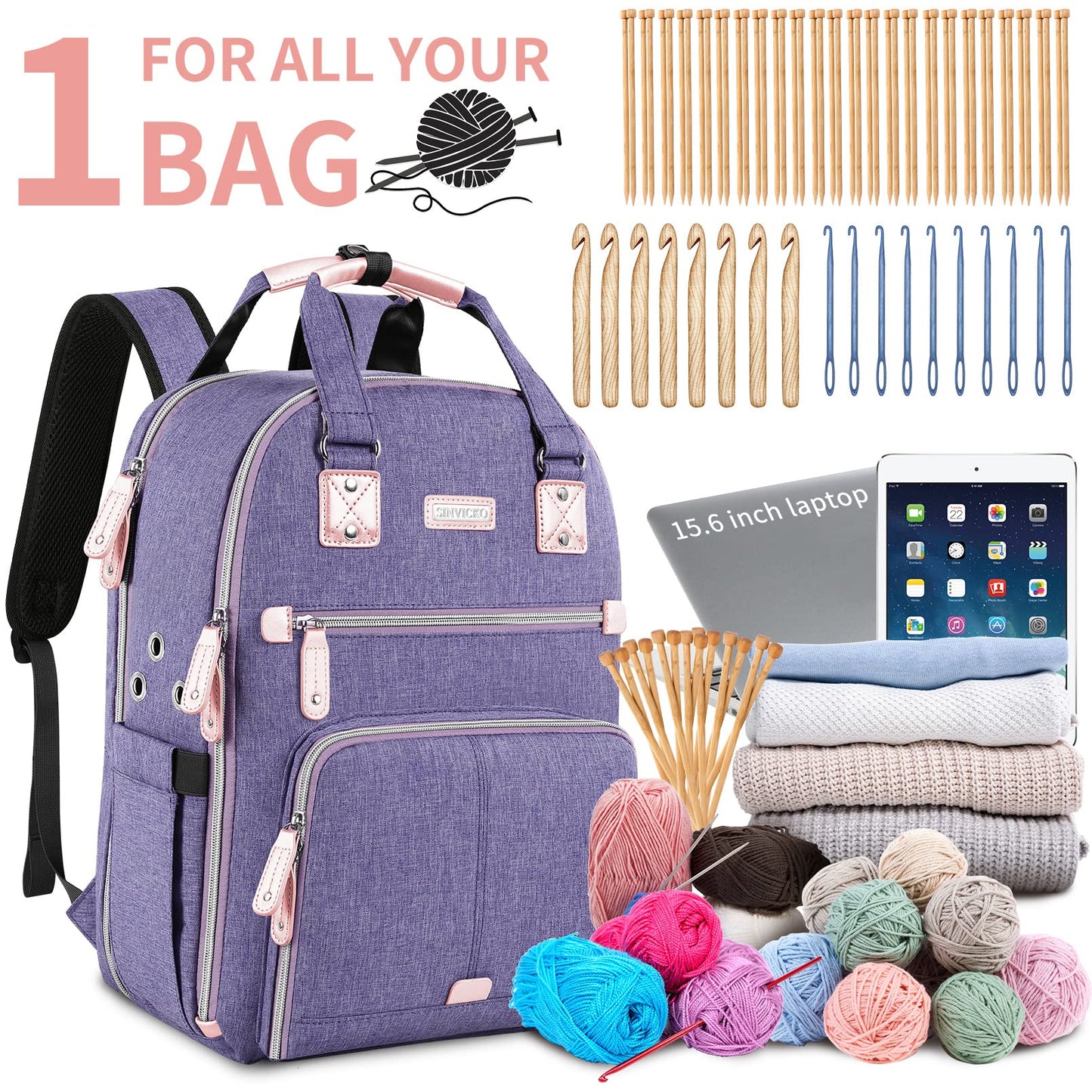 Crochet Bag, Knitting Bag Backpack and Totes Organizer with USB Charging Port, Large Yarn Storage