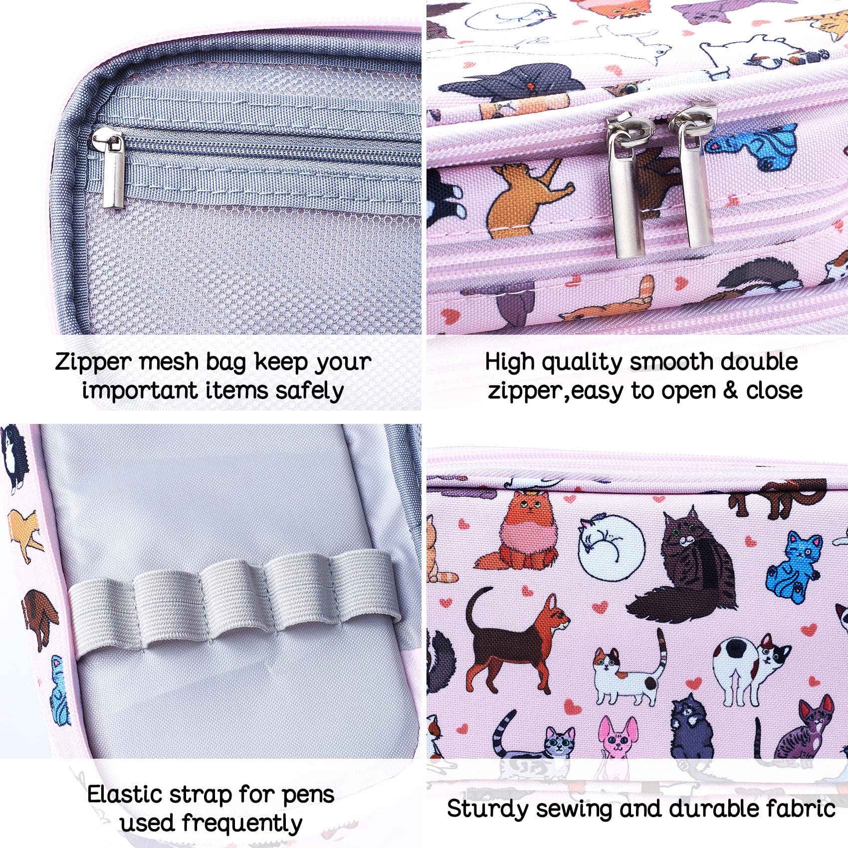 LParkin Cute Cat Pencil Case Super Large Capacity 3 Compartments Canvas Pencil Box Kawaii Makeup