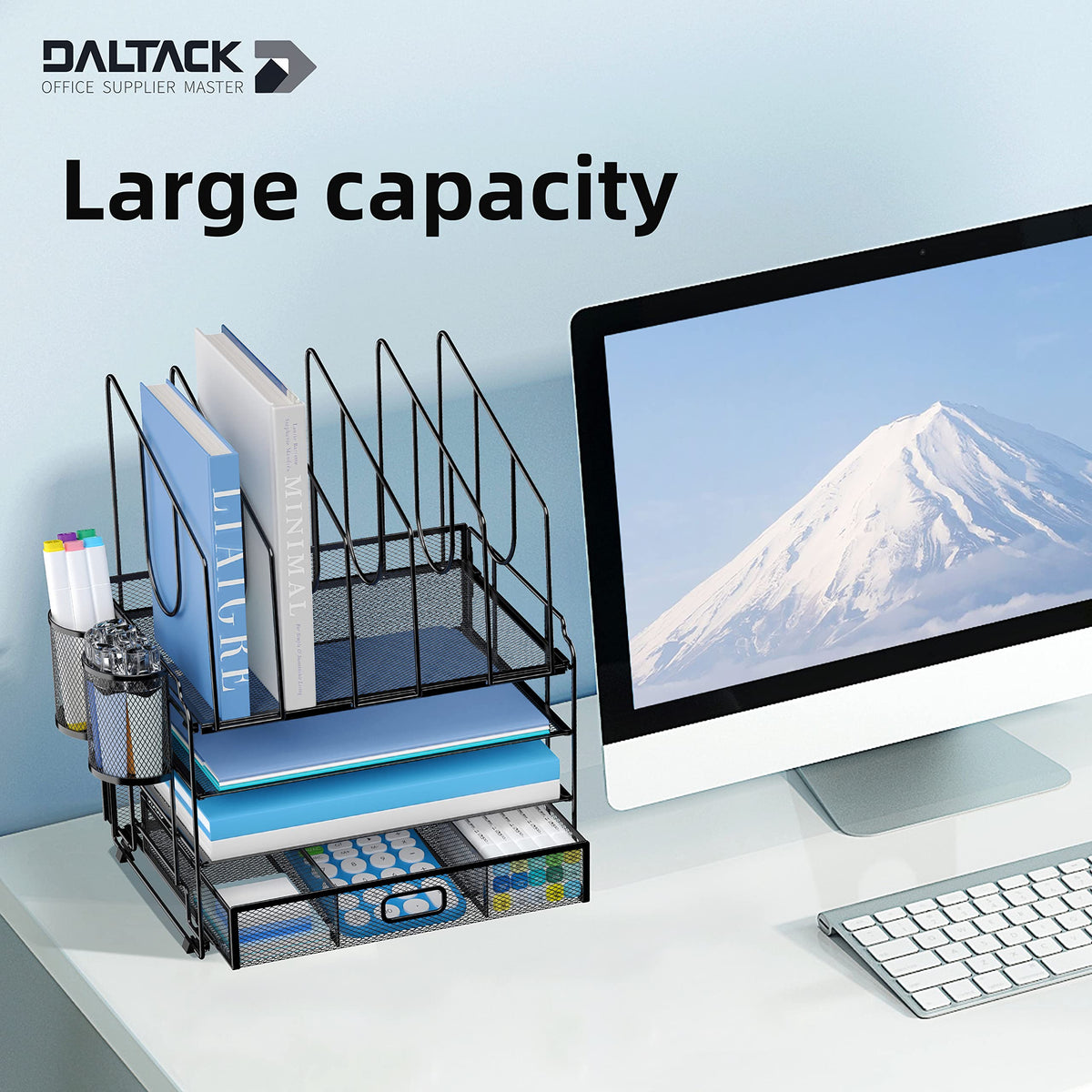 DALTACK 4-Tier Mesh Desk Organizer with Drawer, Desktop Organizer with 5 Vertical File Holders and
