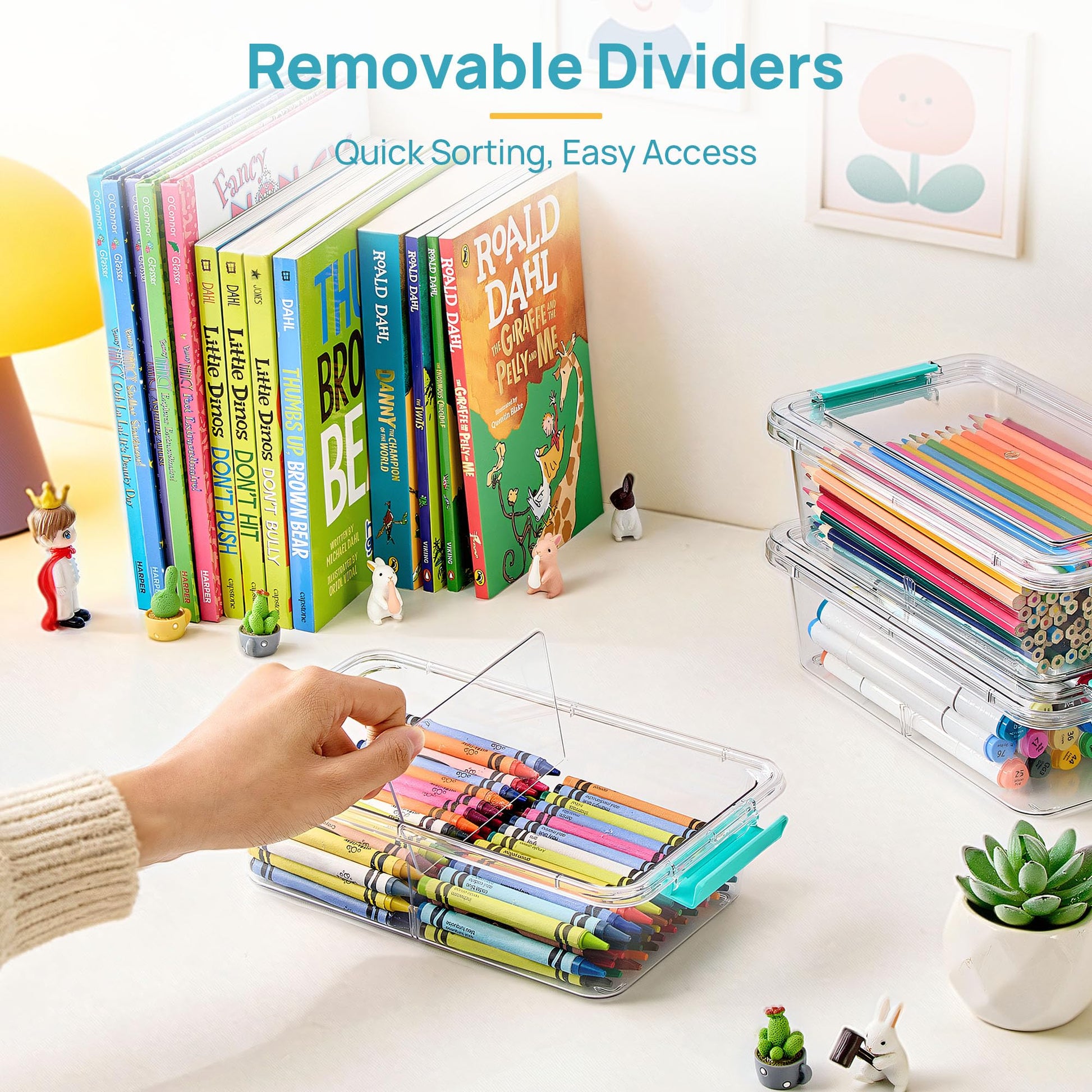 Vtopmart 1.5Qt Stackable Clear Pencil Box with Removable Divider, 4 Pack