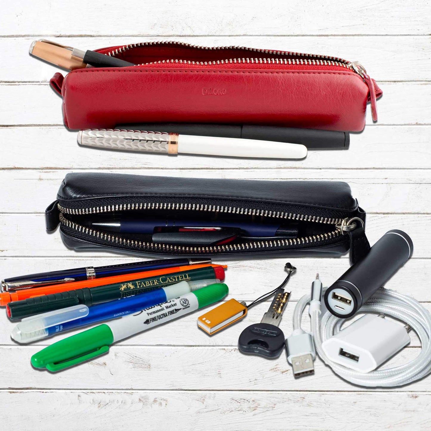 DiLoro Leather Zippered Fountain Ballpoint Rollerball Pens and Pencils Case Holder Pouch Genuine