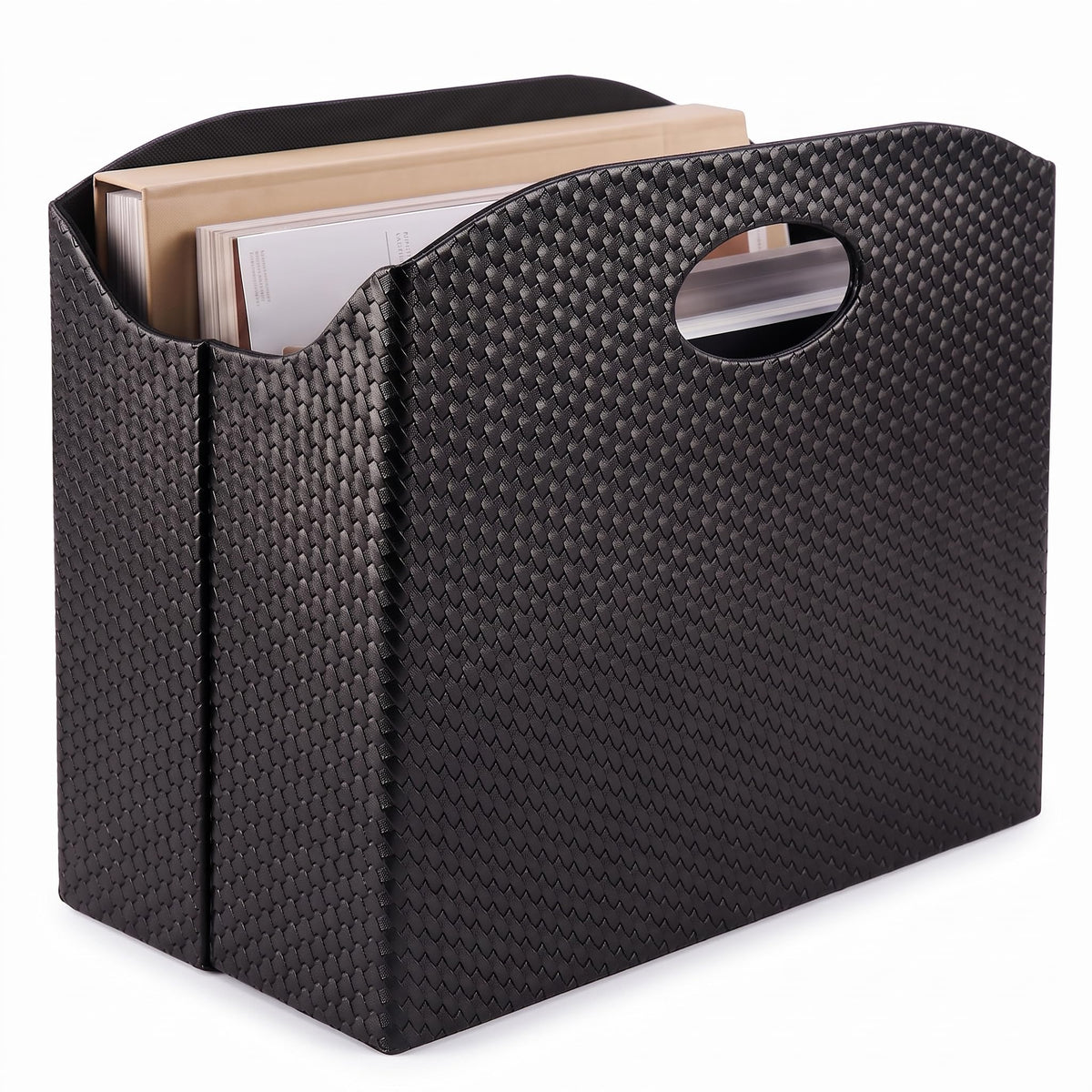 BLU MONACO | Black Woven Leather Magazine Holder with Handles | Stylish Magazine Rack for Floor or