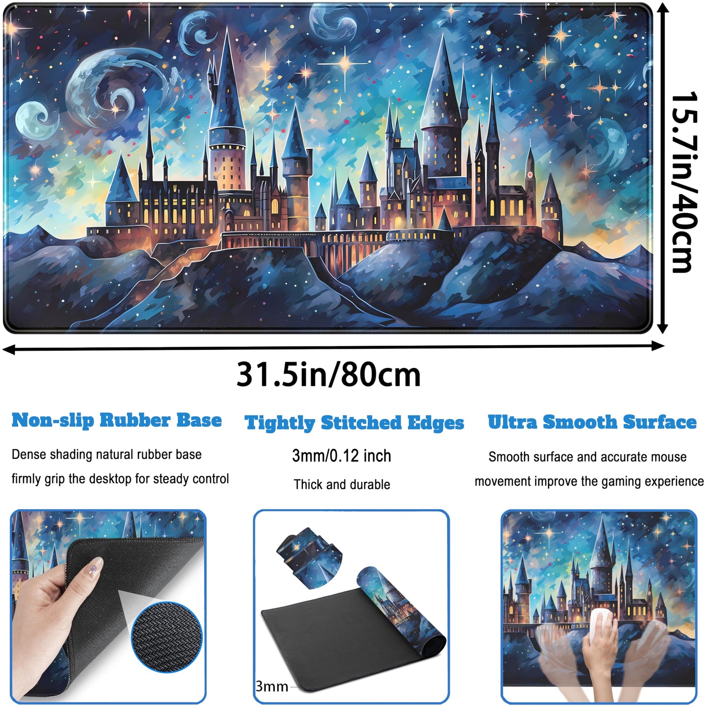 Blue Castle Desk Mat Aesthetic Cute Desk Pad, Extended Large Mouse Pad XXL Gaming Keyboard Pad