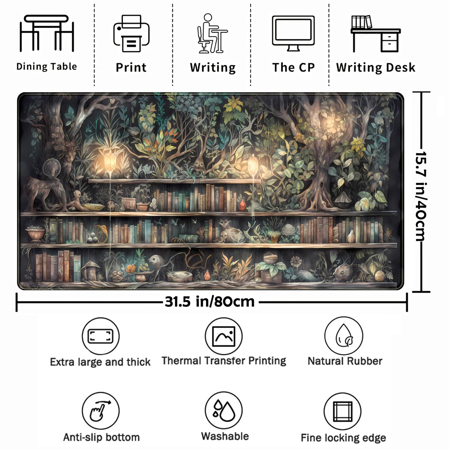Forest Library Book Mouse Pad Desk Mat, Mystical Green Tree House XXL Extended Large Gaming Desk