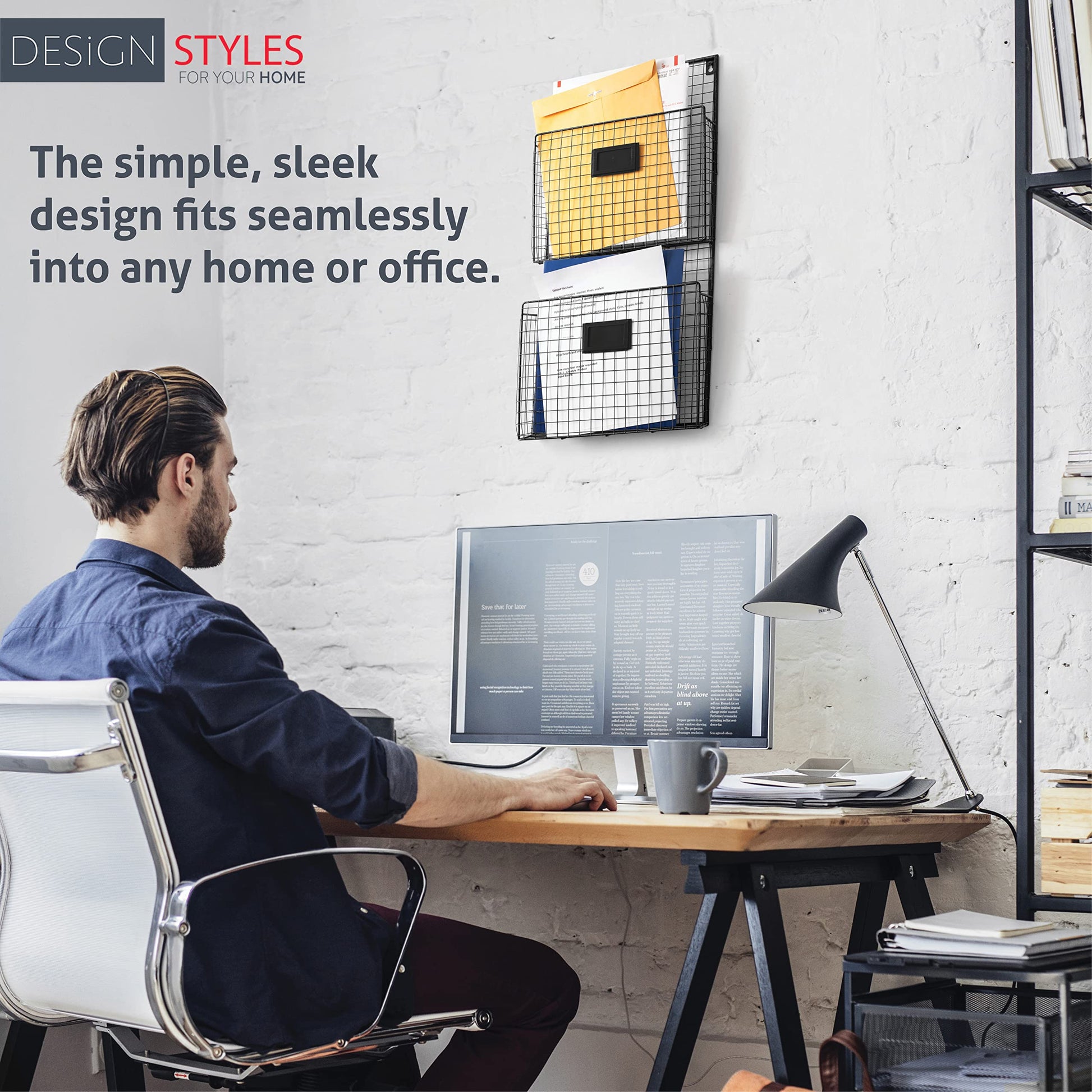 Designstyles Two Tier Wall File Holder – Durable Black Metal Rack with Spacious Slots for Easy