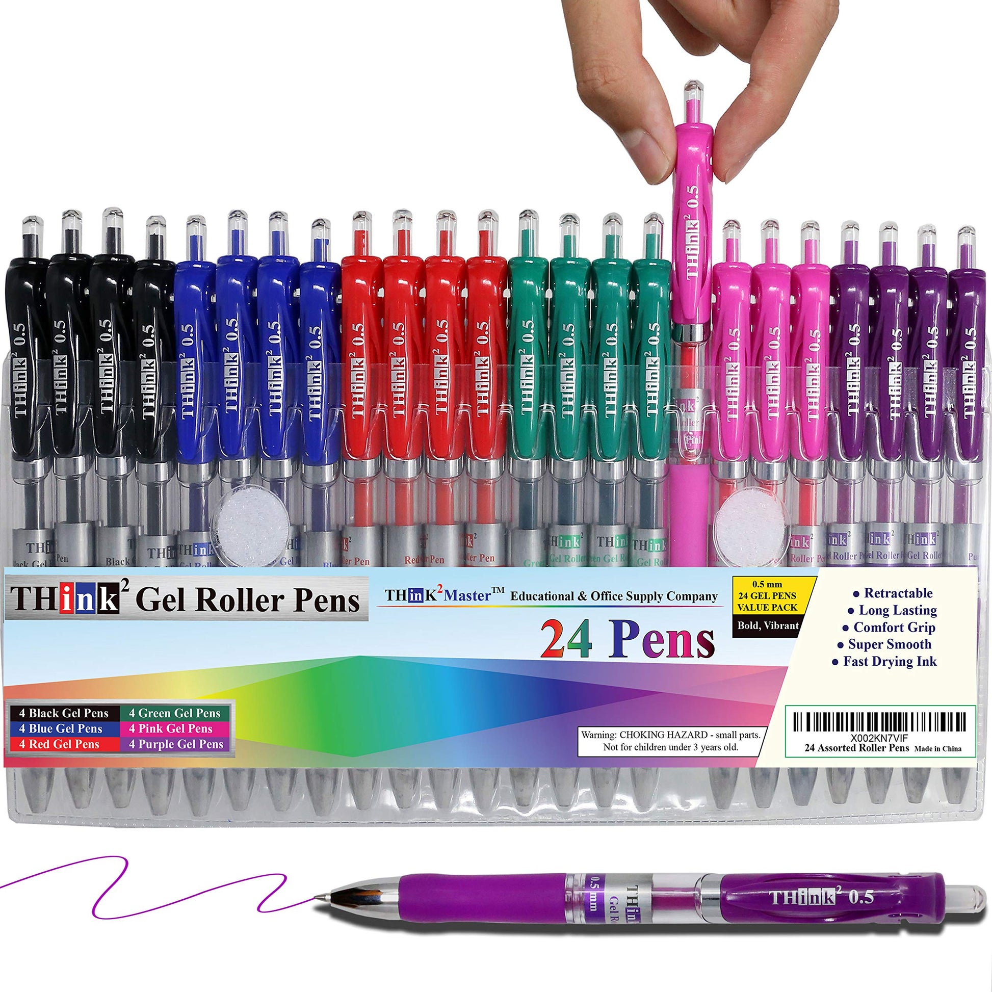 [24 Pens - 4Black, 4Blue, 4 Red, 4 Green, 4 Pink, 4Purple Ink] Think2 Retractable Gel Pens.