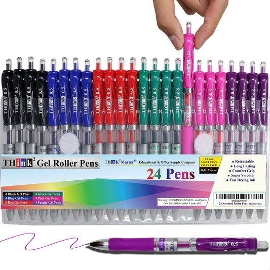 [24 Pens - 4Black, 4Blue, 4 Red, 4 Green, 4 Pink, 4Purple Ink] Think2 Retractable Gel Pens.