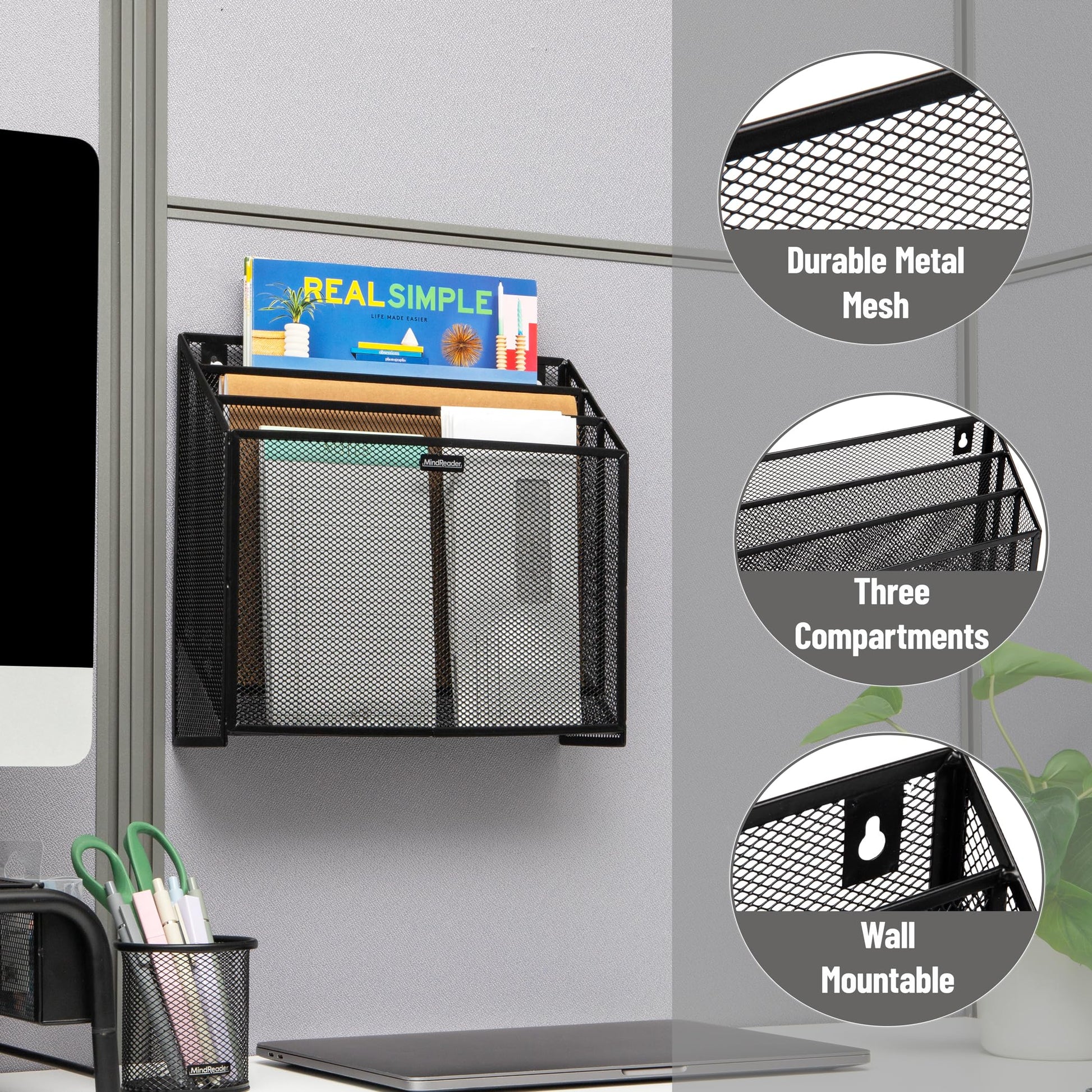 Mind Reader Vertical File Storage, Desktop Organizer, Wall Mount, Office, Metal Mesh, Black