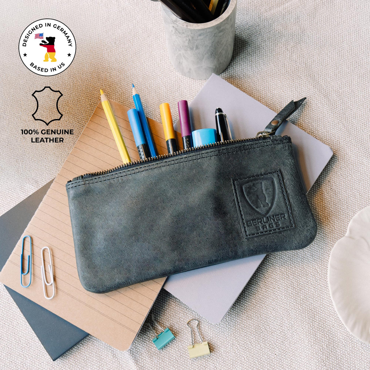BERLINER BAGS Genuine Leather Pencil Case, Vintage Pen Pouch - Dark Grey