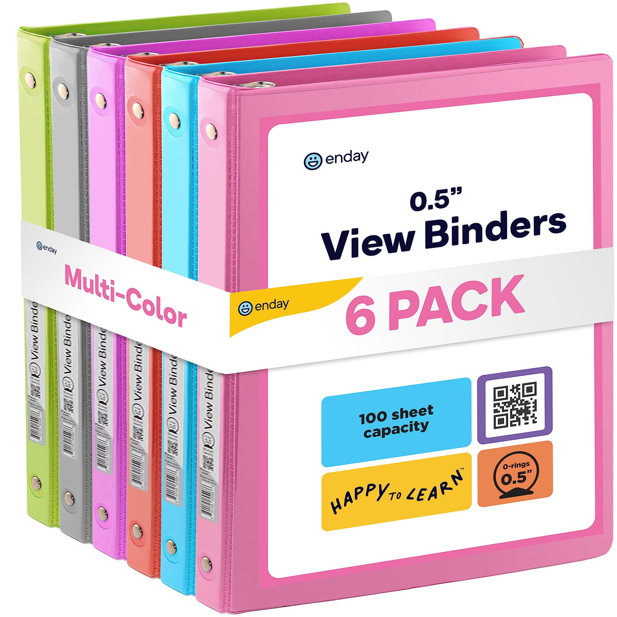 Enday 1/2 inch Binder 3 Ring Binder (6 Pack - Assorted Colors) O-Ring Binder with Clear View Cover