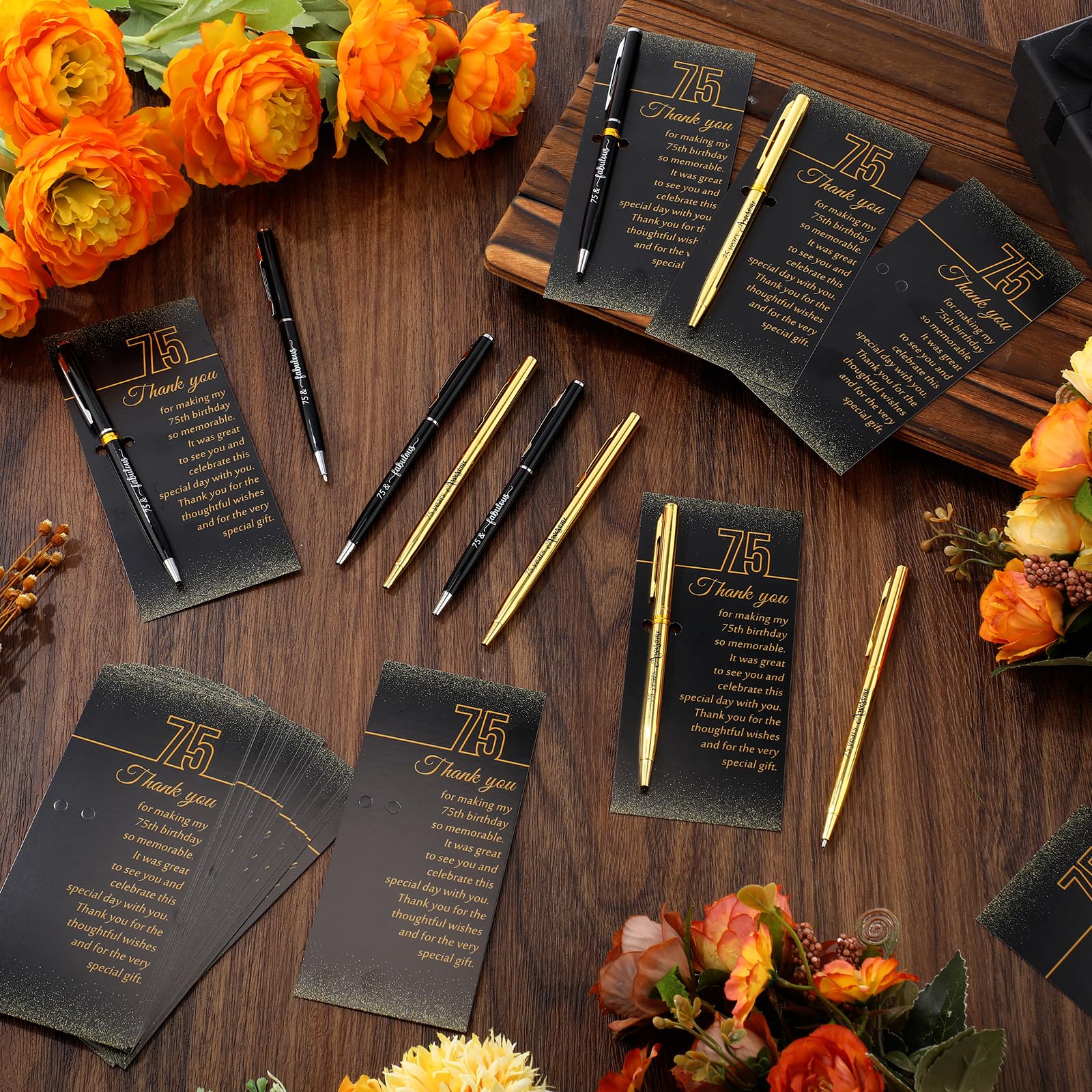 Feifeiya 75th Birthday Party Favors with Black Gold Pens Thank You Cards