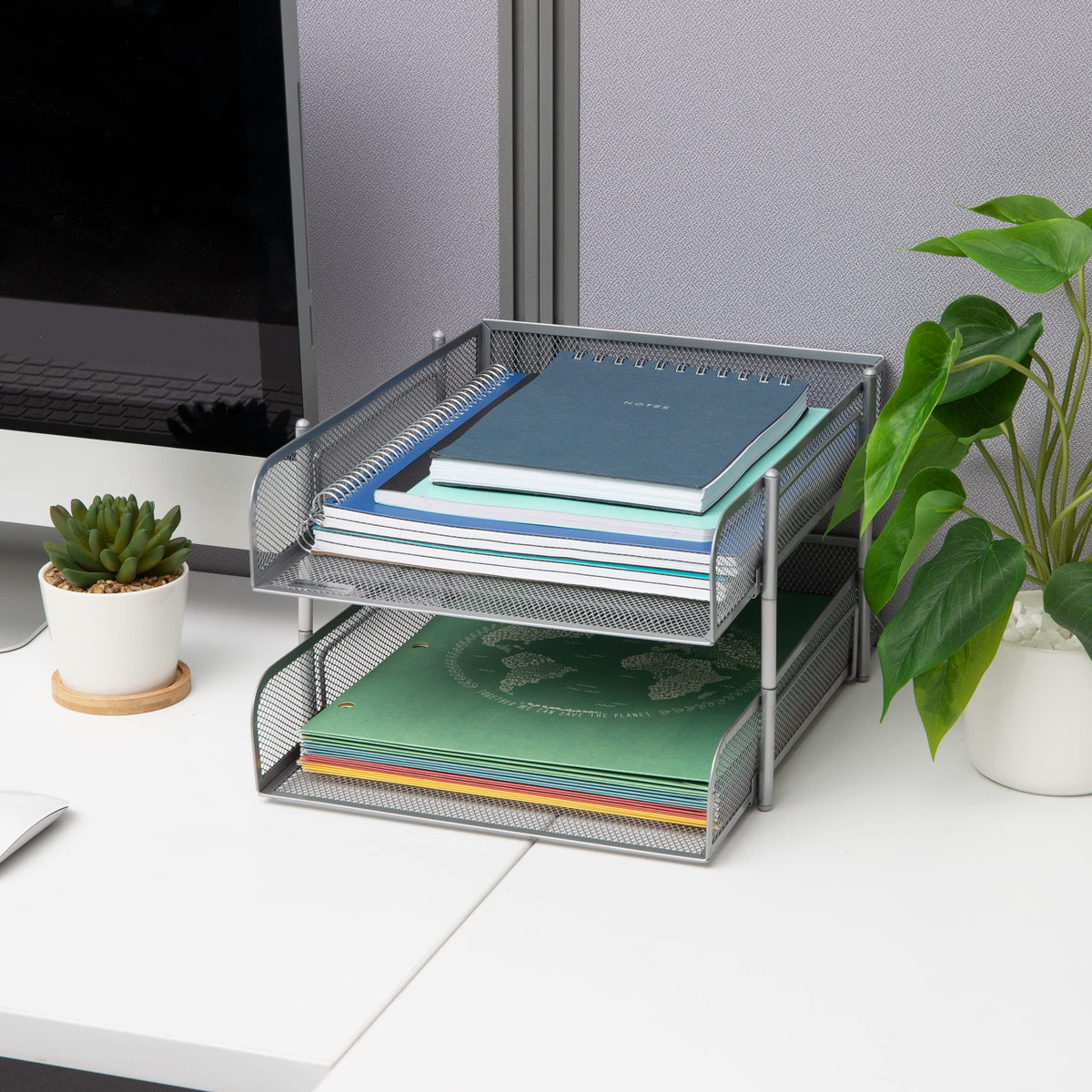 Mind Reader Stackable Paper Tray, Desktop Organizer, File Storage, Office, Metal Mesh, 2 Pc, Silver