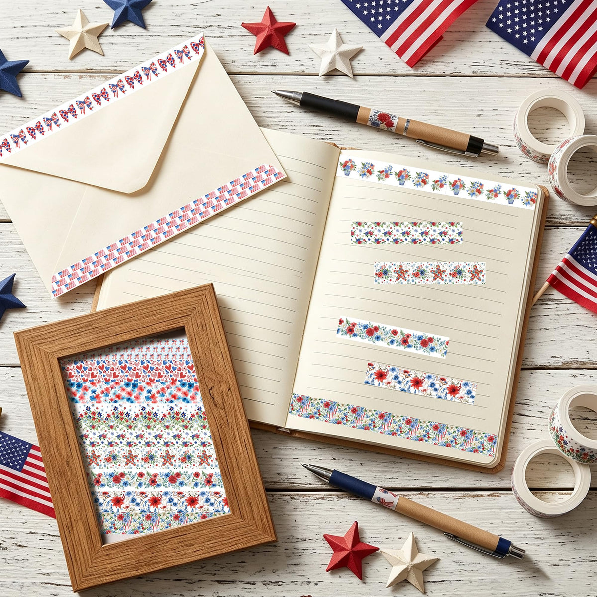 BkeeCten Patriotic Flower Washi Tape Strong Adhesion for Gift Wrapping