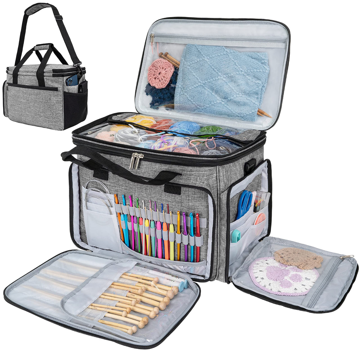 PAVILIA Large Knitting Yarn Storage Bag Crochet Organizer for Knitter, Grey