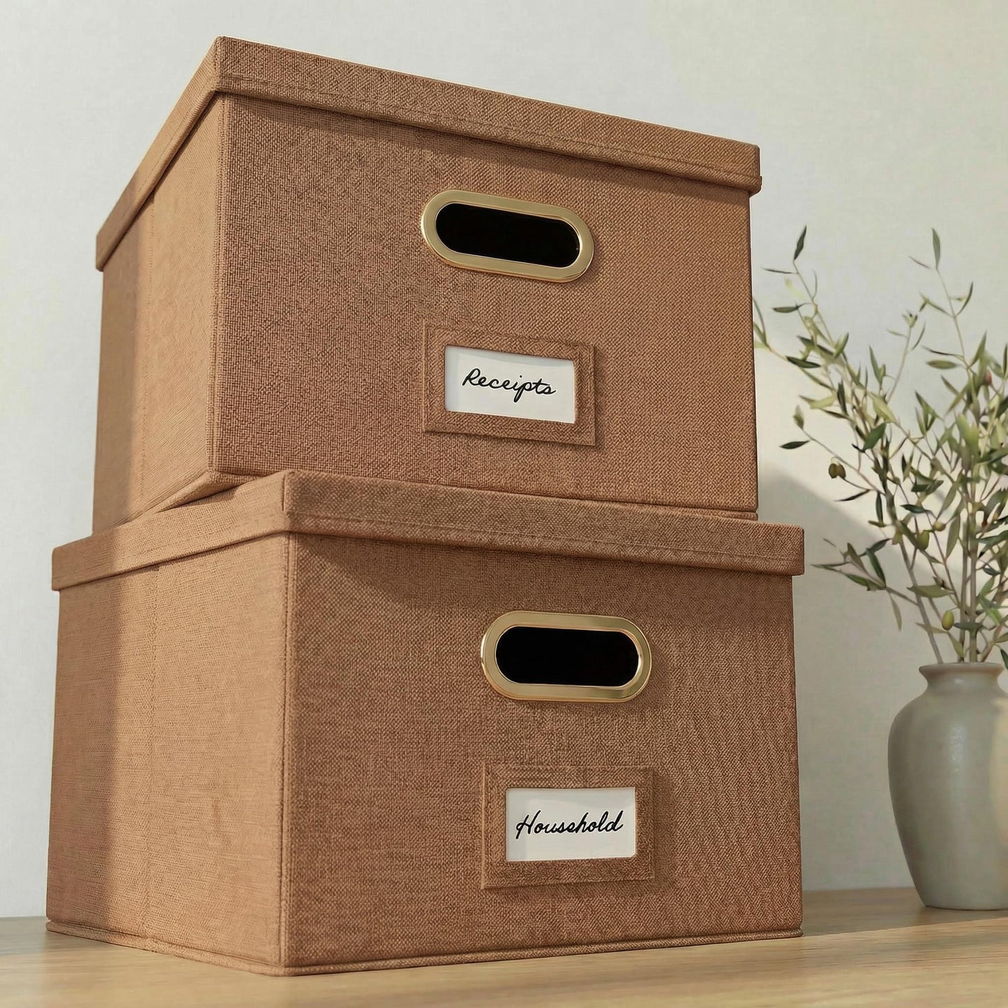 Decorative File Organizer Box Set of 2 - Collapsible Linen Filing Cabinets