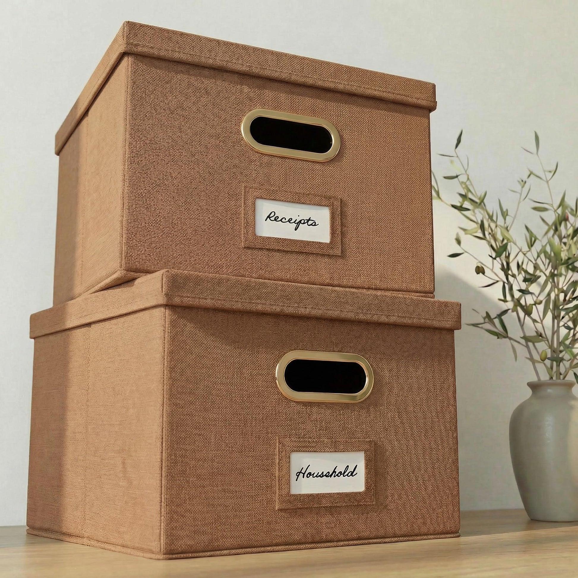 Decorative File Organizer Box Set of 2 - Collapsible Linen Filing Cabinets