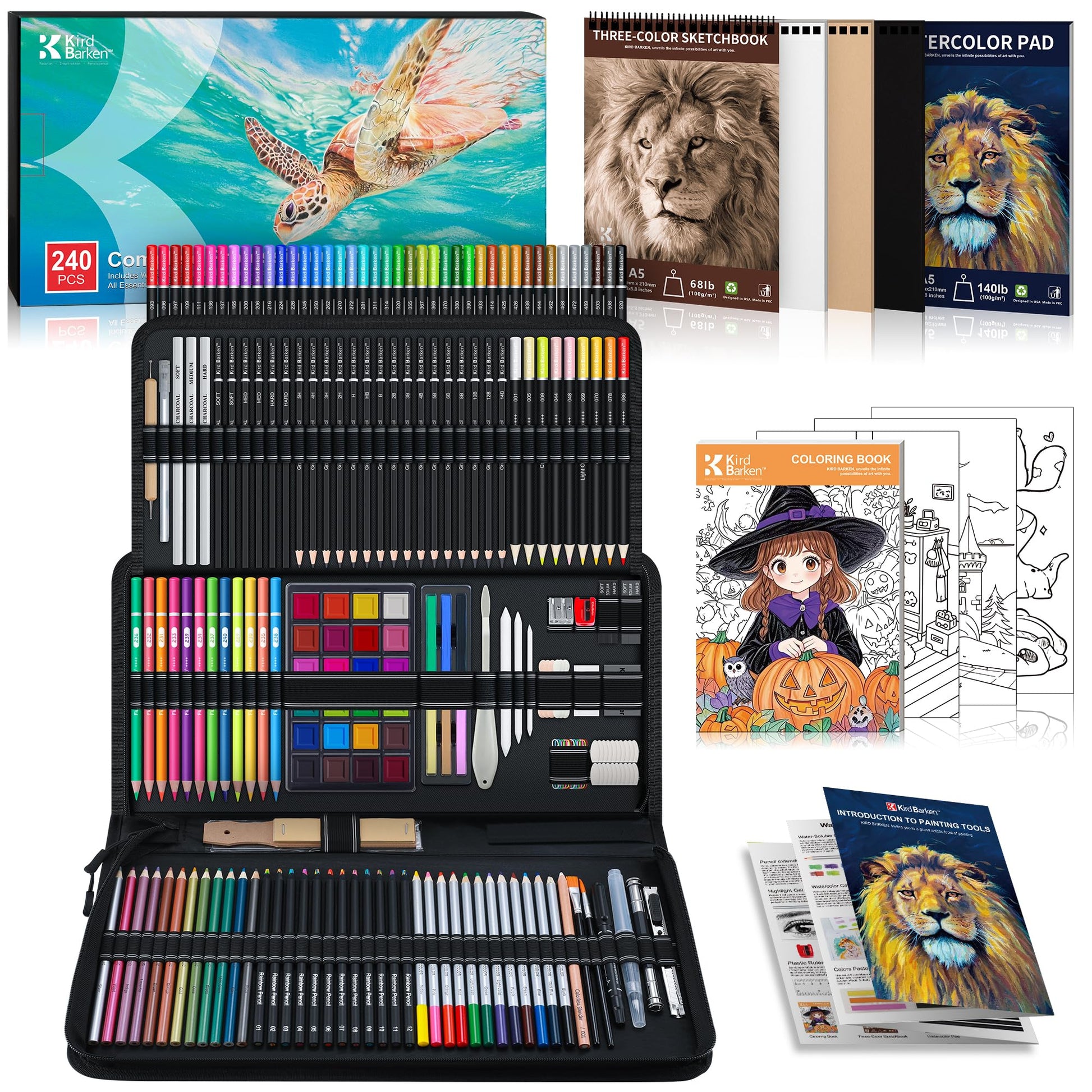 Kird Barken 240PCS Artists Art Supplies - Drawing Kit with 3 Sketchbook, Coloring book