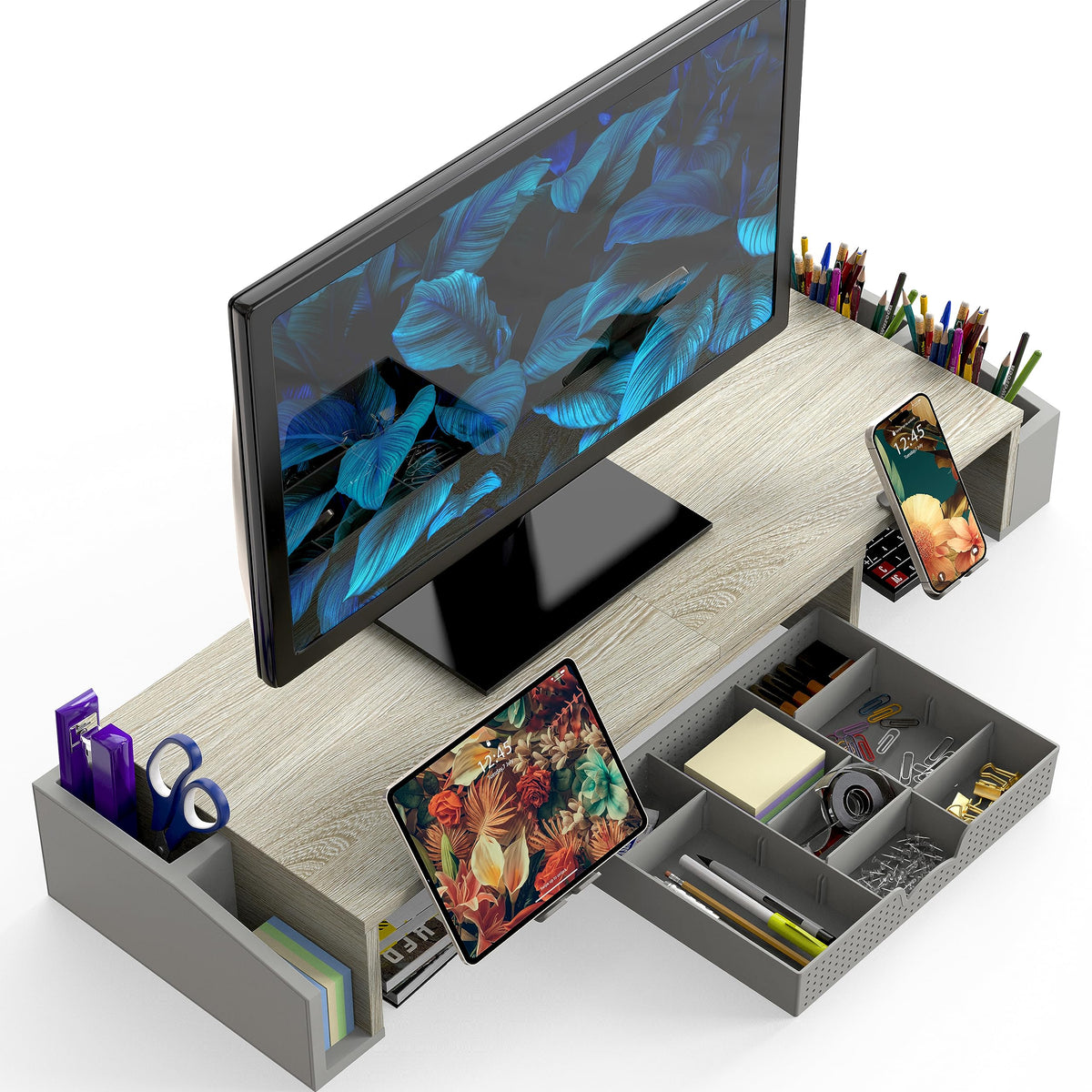 Simple Houseware Desk Dual Monitor Stand Riser with Drawer, Maple
