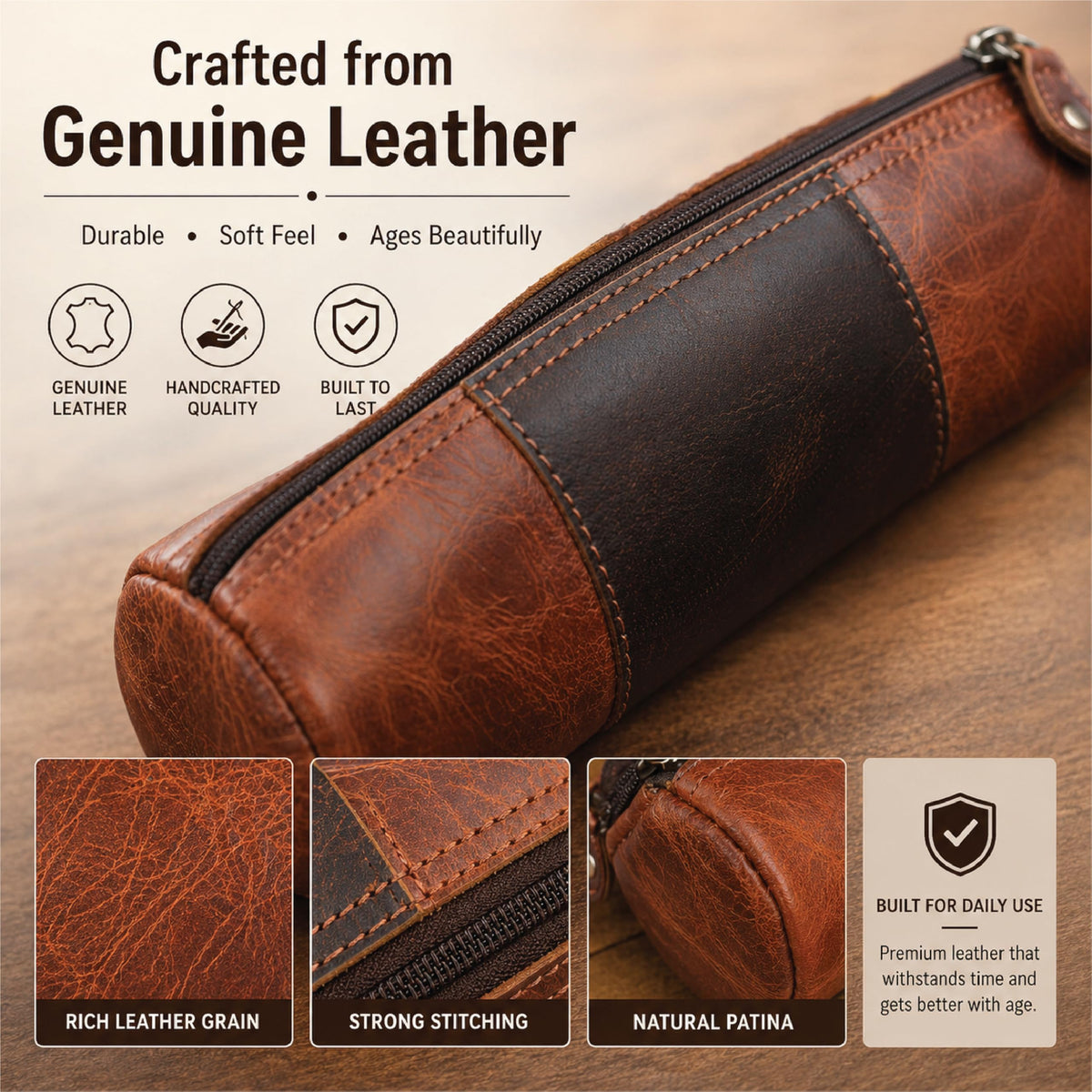TheAntiq Genuine Leather Pencil Pouch, Handcrafted Zipper Organizer Case with Wrist Strap, Durable