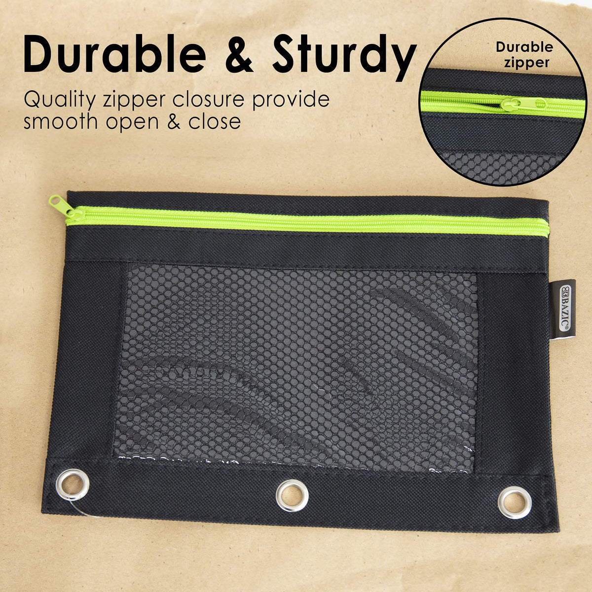 BAZIC Products Noir Neon 3-Ring Pencil Pouch with Mesh Window, 6-Set