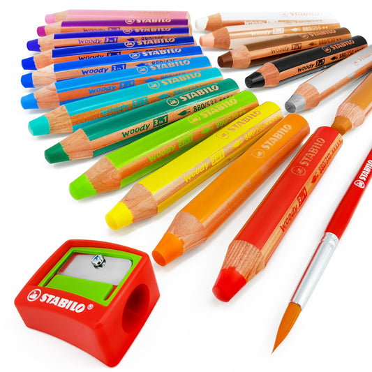 STABILO - Woody 3 in 1 Multi-Media Watercolour Pencils - Jumbo Easy-Grip - Pack of 18 with