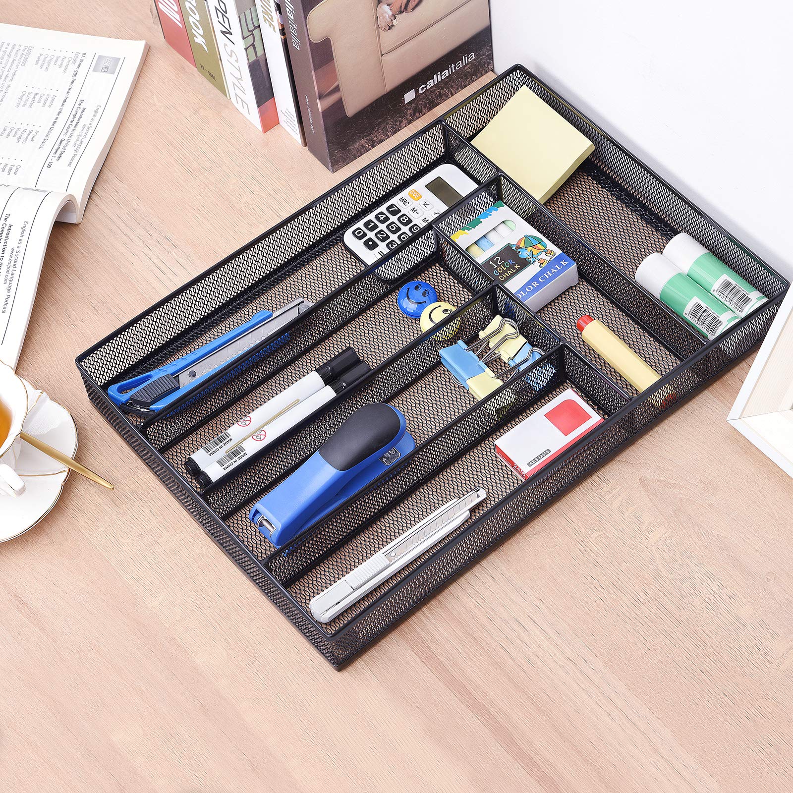 WuGeShop Desk Drawer Organizer with 6 Compartments, Mesh Drawer Organizer Tray for Stationery