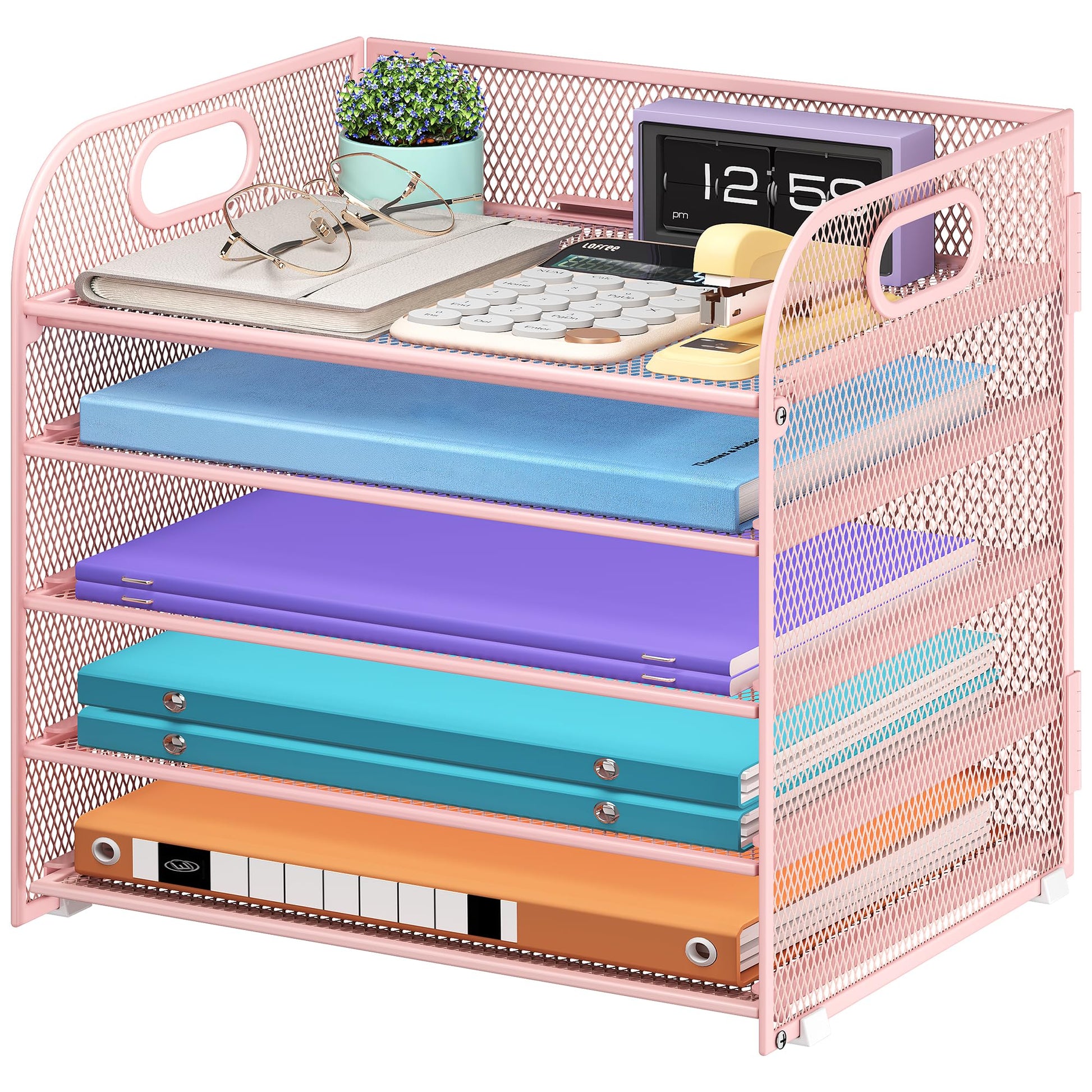 Cawukege 5 Tier Paper Organizer with Handle, Pink Metal Mesh Desk Organizer File Folder Paper