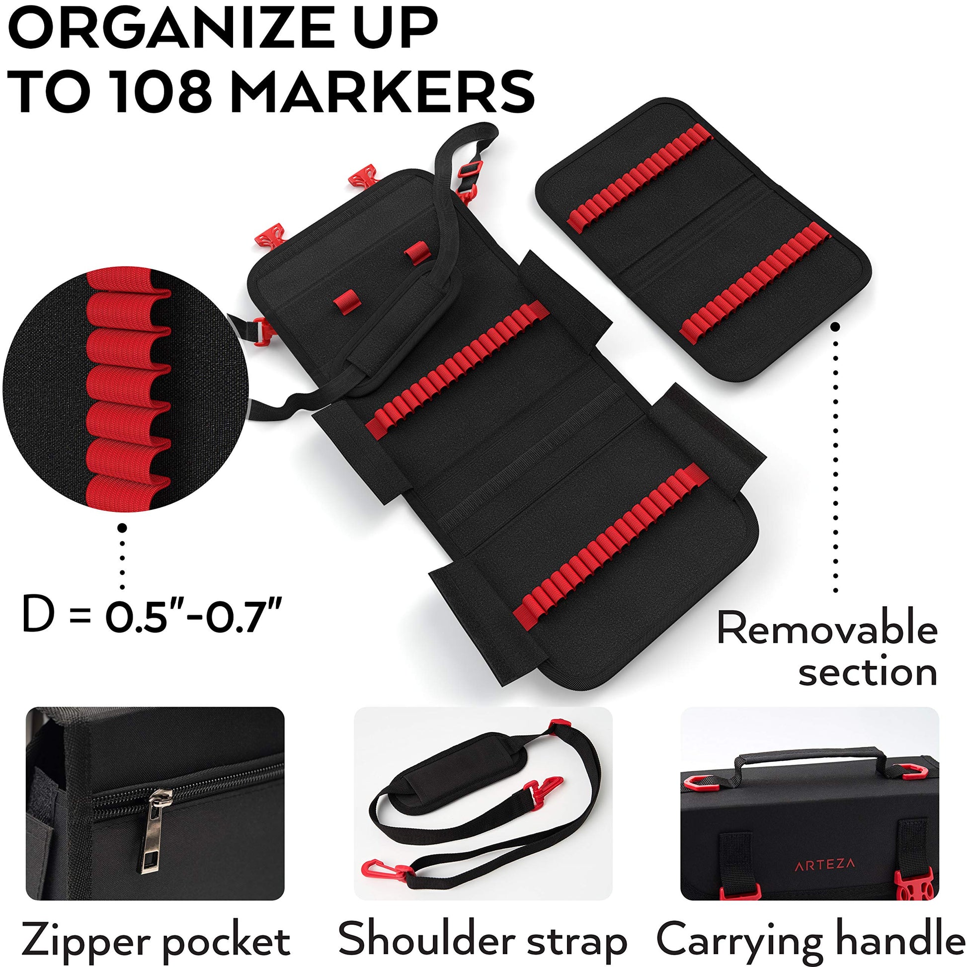 ARTEZA Marker Pen Organizer Case, 108 Slots, Removable Baldric, Zipper Pocket and Carrying Handle